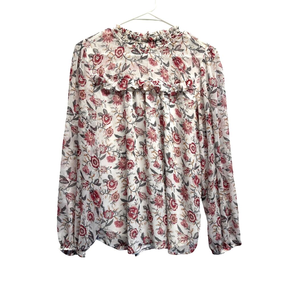Loft Women Gorgeous Floral‎ Shear Lined Ruffled LS Blouse Large Holiday